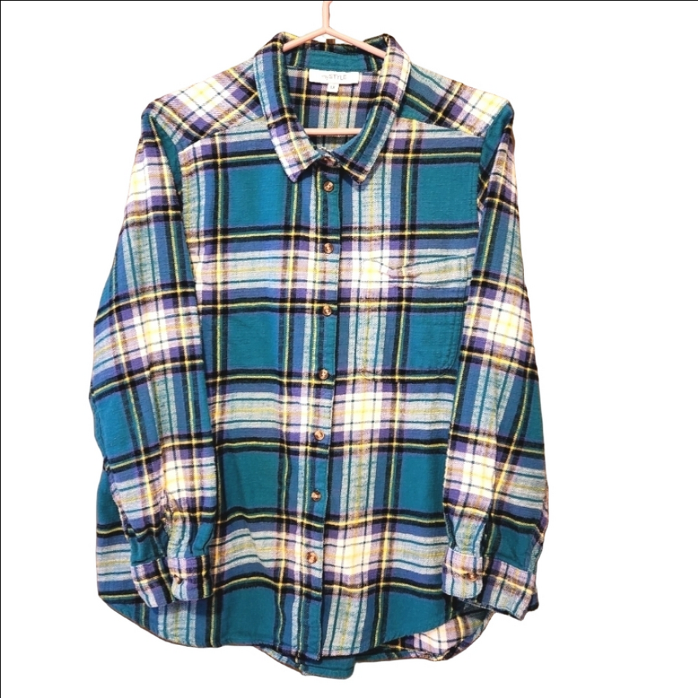 MyStyle Plaid Flannel Striped Button Down Shirt Cozy Multicolor Womens Size 1X